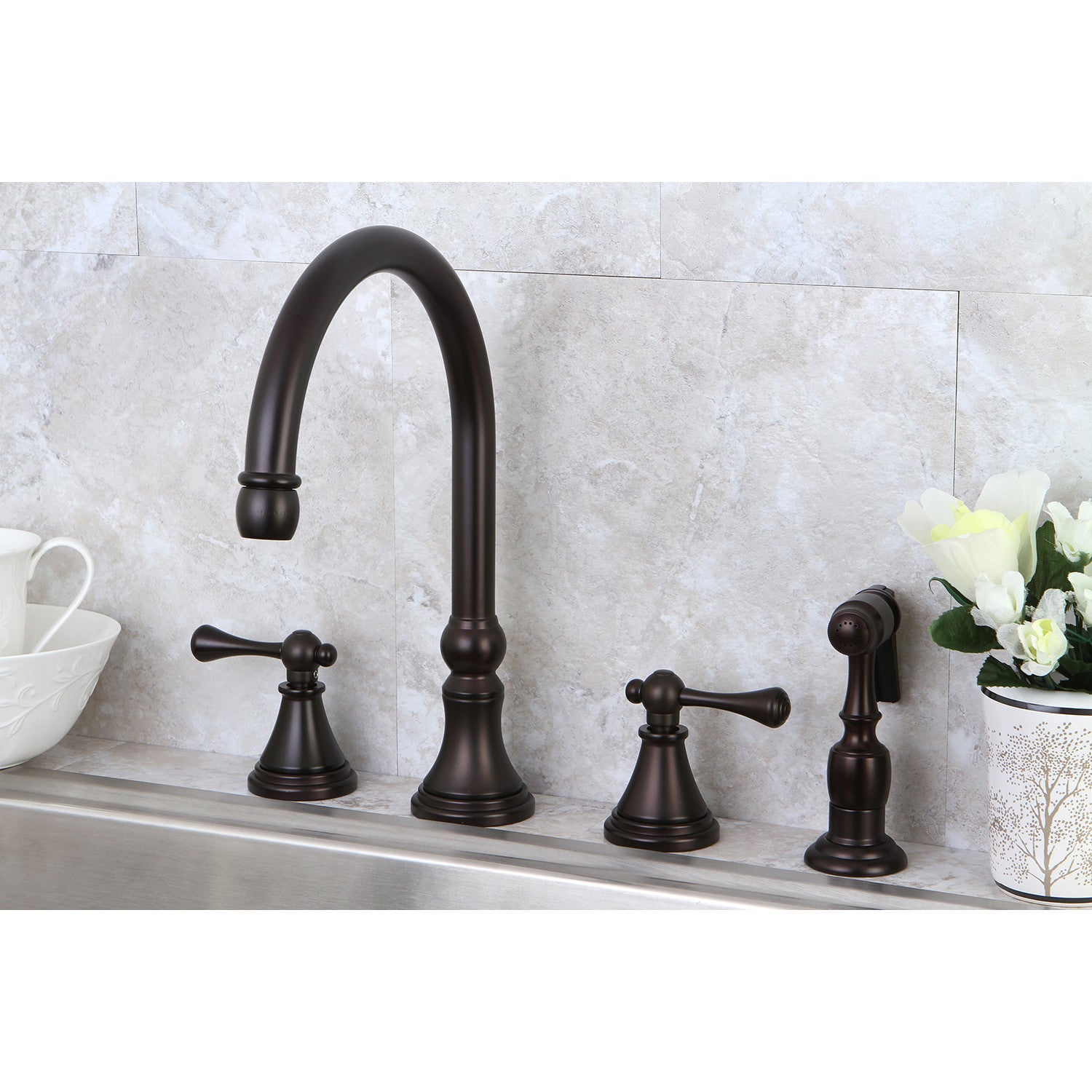 Kingston Tulare KS2795BLBS - Governor Double-Handle 4-Hole Widespread Kitchen Faucet with Brass Sprayer, Oil Rubbed Bronze — thumbnail 3